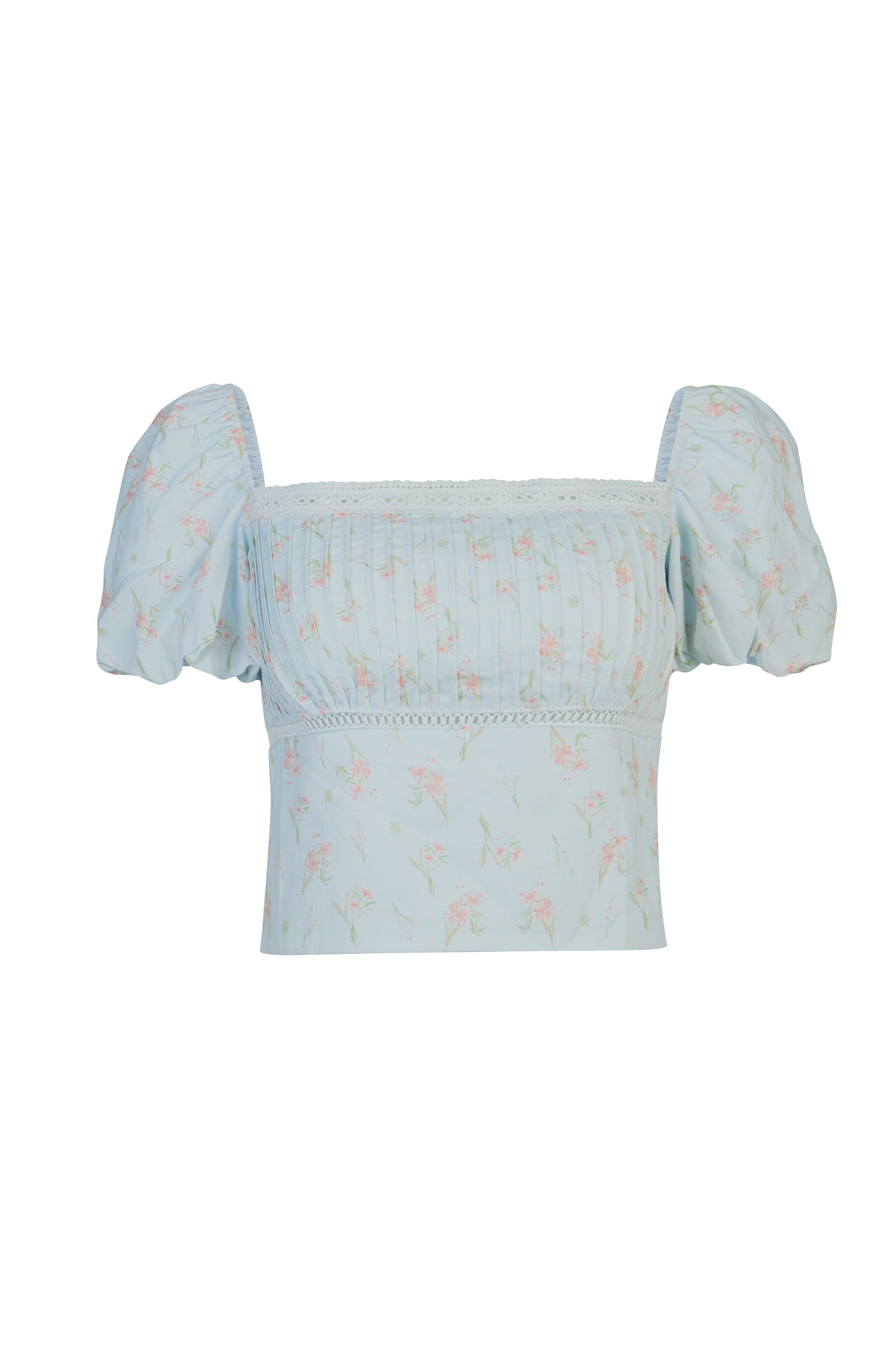Daydream Pleated Puff Sleeve Padded Top in Lucky Bloom (Blue)